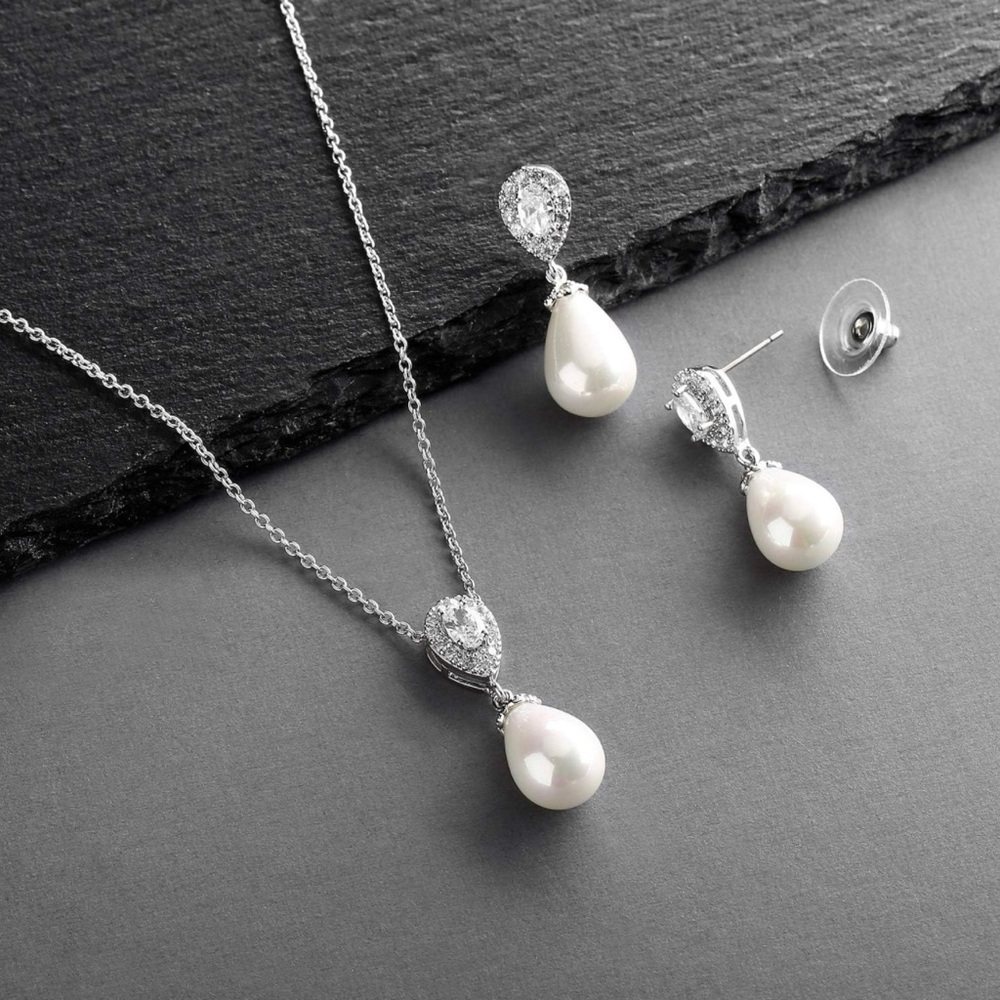 NWT Mariell CZ Faux Pearl Teardrop 16-18" Necklace Earrings Set white gold tone